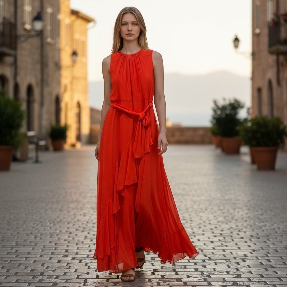 Alex Marie Red Sleeveless Pleated High Neck Ruffle Maxi Dress Size 16